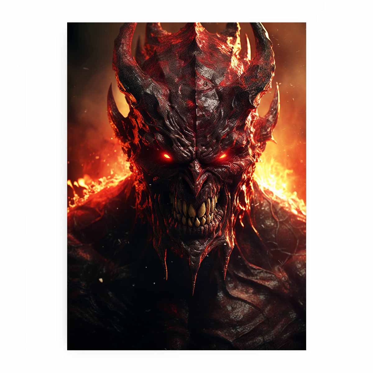 Fiery demon portrait wall art with glowing red eyes for dark decor.