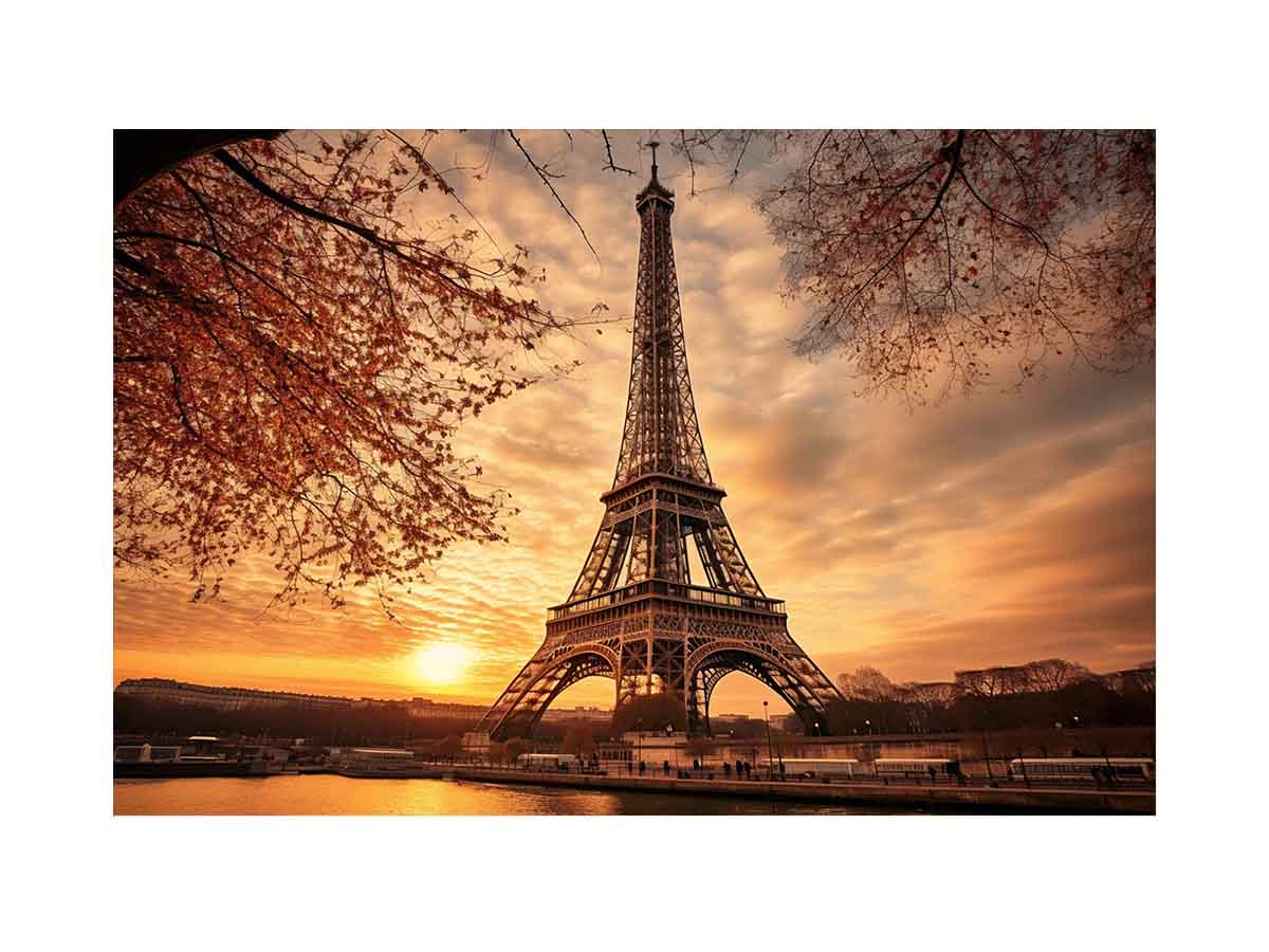 Eiffel Tower sunset wall art for romantic Paris living room decor.