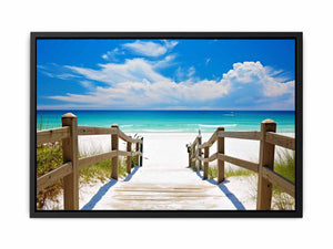 Beach path canvas art with turquoise ocean for coastal living room decor.