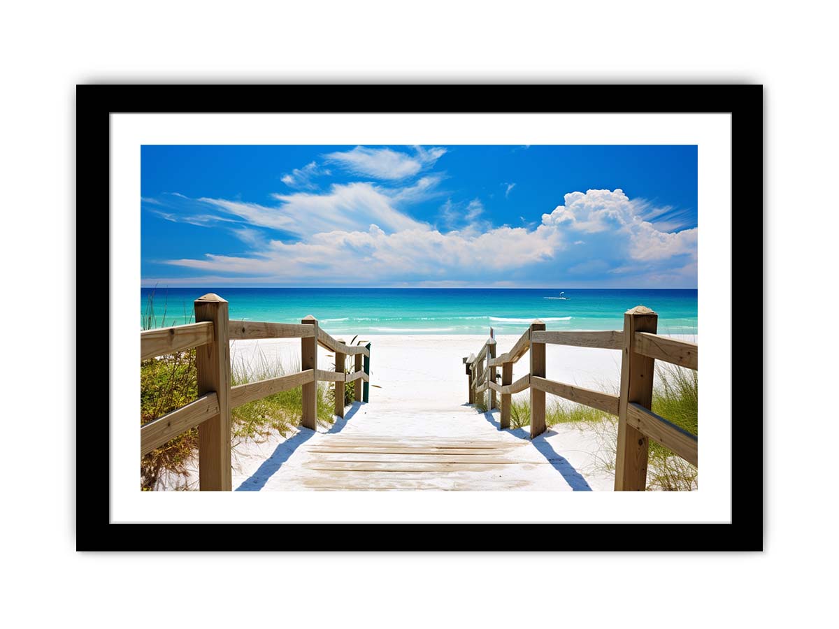 Beach path canvas art with turquoise ocean for coastal living room decor.
