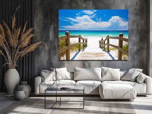 Beach path canvas art with turquoise ocean for coastal living room decor.