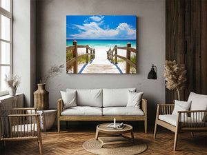 Beach path canvas art with turquoise ocean for coastal living room decor.