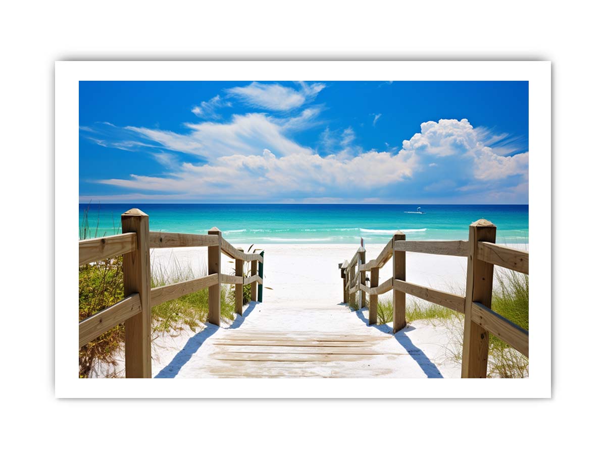 Beach path canvas art with turquoise ocean for coastal living room decor.
