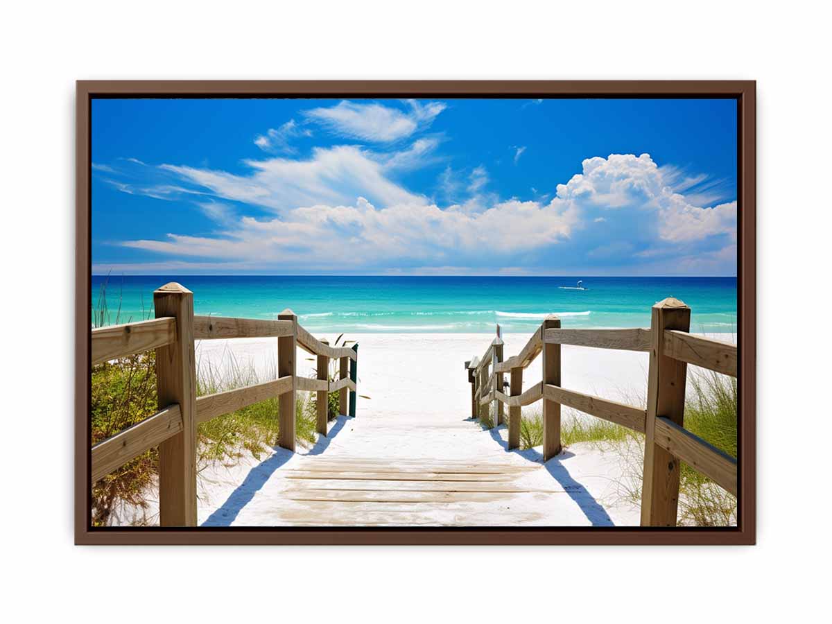 Beach path canvas art with turquoise ocean for coastal living room decor.