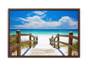 Beach path canvas art with turquoise ocean for coastal living room decor.