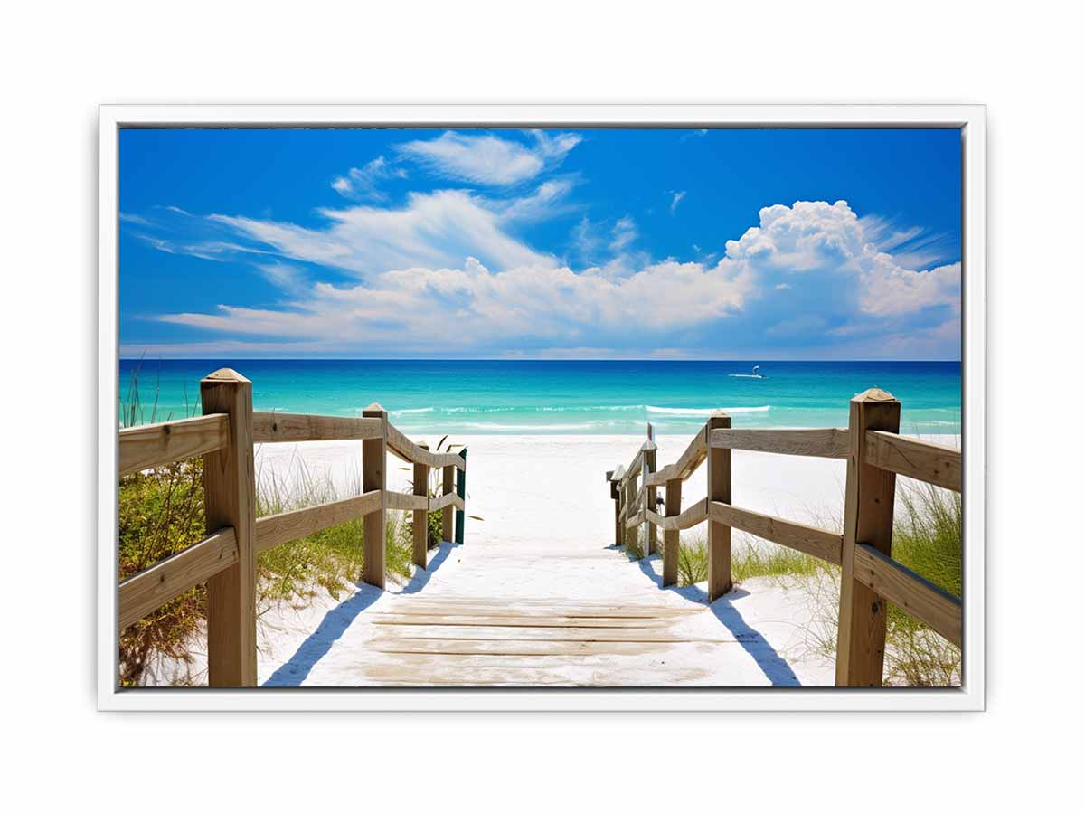 Beach path canvas art with turquoise ocean for coastal living room decor.