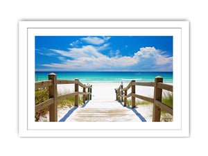 Beach path canvas art with turquoise ocean for coastal living room decor.