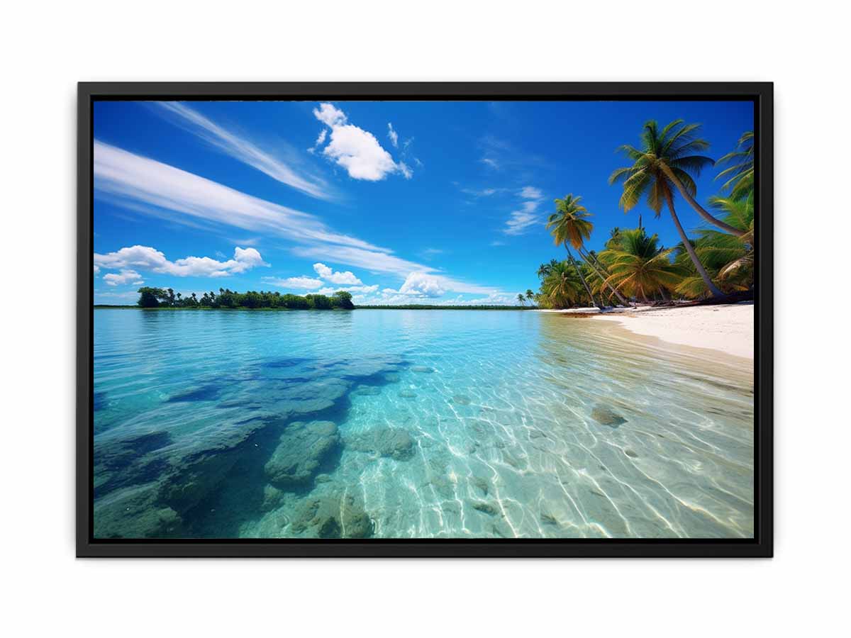 Tropical lagoon beach wall art with palm trees for coastal home decor.