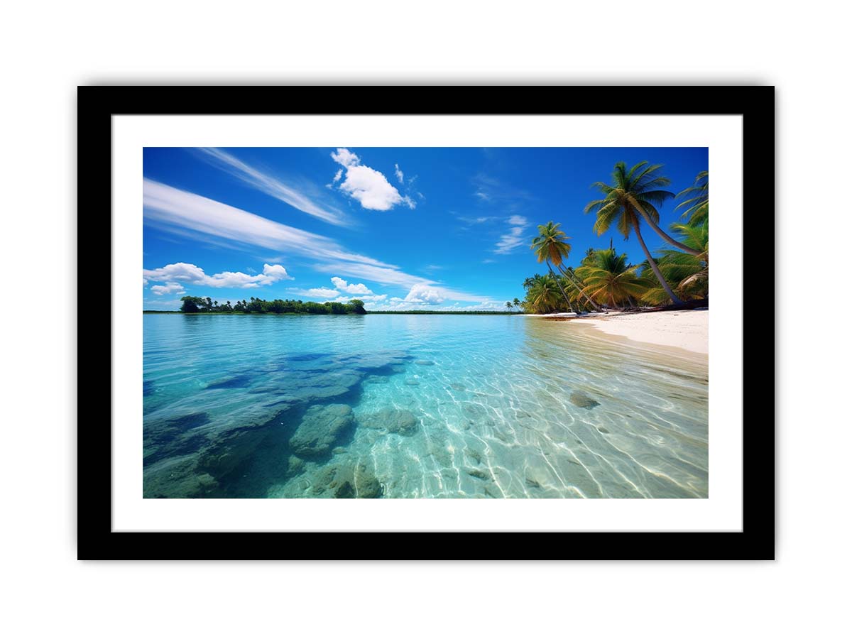 Tropical lagoon beach wall art with palm trees for coastal home decor.