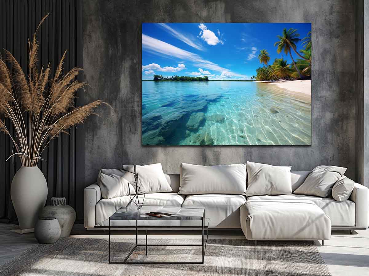 Tropical lagoon beach wall art with palm trees for coastal home decor.