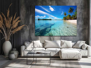 Tropical lagoon beach wall art with palm trees for coastal home decor.