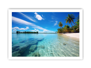 Tropical lagoon beach wall art with palm trees for coastal home decor.