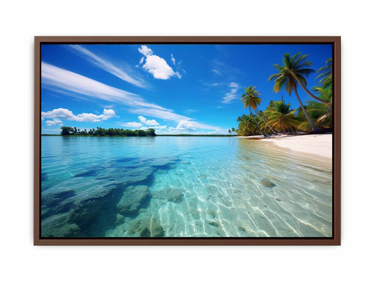 Tropical lagoon beach wall art with palm trees for coastal home decor.