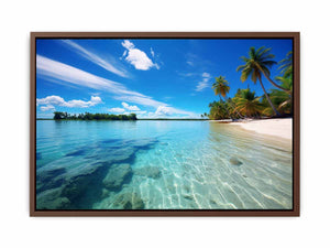 Tropical lagoon beach wall art with palm trees for coastal home decor.
