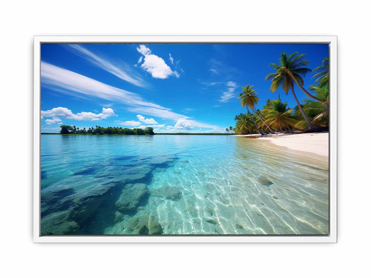 Tropical lagoon beach wall art with palm trees for coastal home decor.