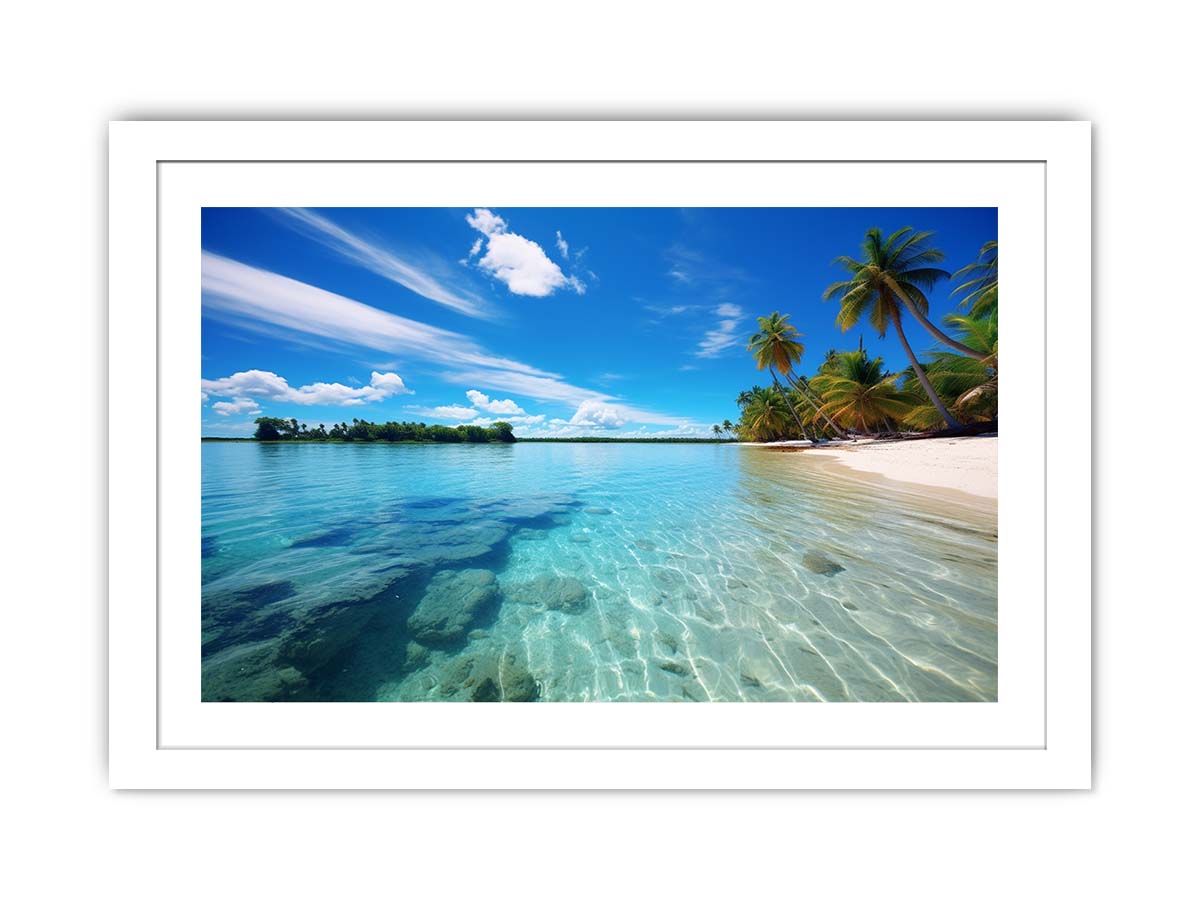 Tropical lagoon beach wall art with palm trees for coastal home decor.
