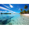Tropical lagoon beach wall art with palm trees for coastal home decor.