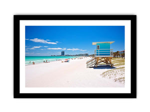 Florida beach lifeguard canvas art with blue tower for coastal decor.