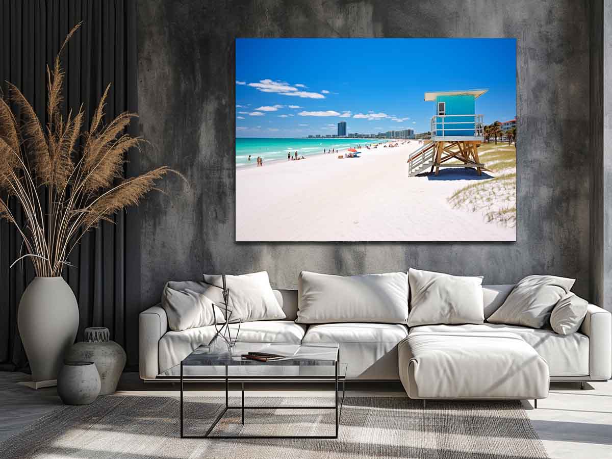 Florida beach lifeguard canvas art with blue tower for coastal decor.