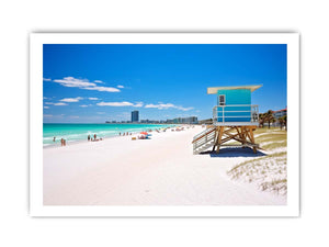 Florida beach lifeguard canvas art with blue tower for coastal decor.