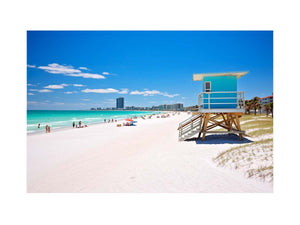 Florida beach lifeguard canvas art with blue tower for coastal decor.