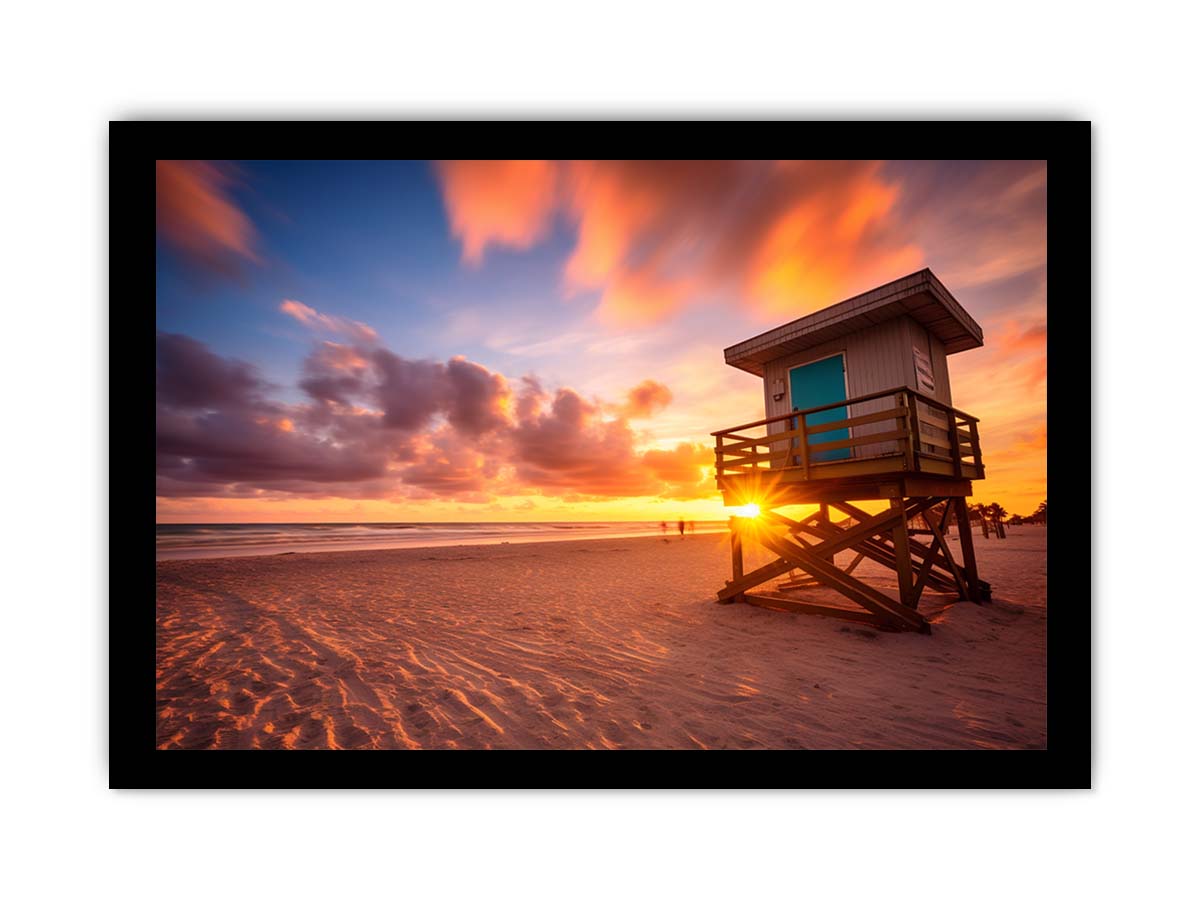 Beach sunset lifeguard wall art with warm sky for coastal bedroom decor.