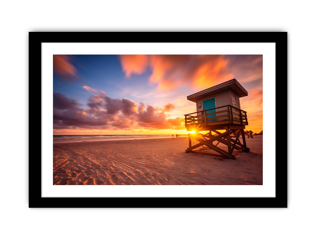 Beach sunset lifeguard wall art with warm sky for coastal bedroom decor.