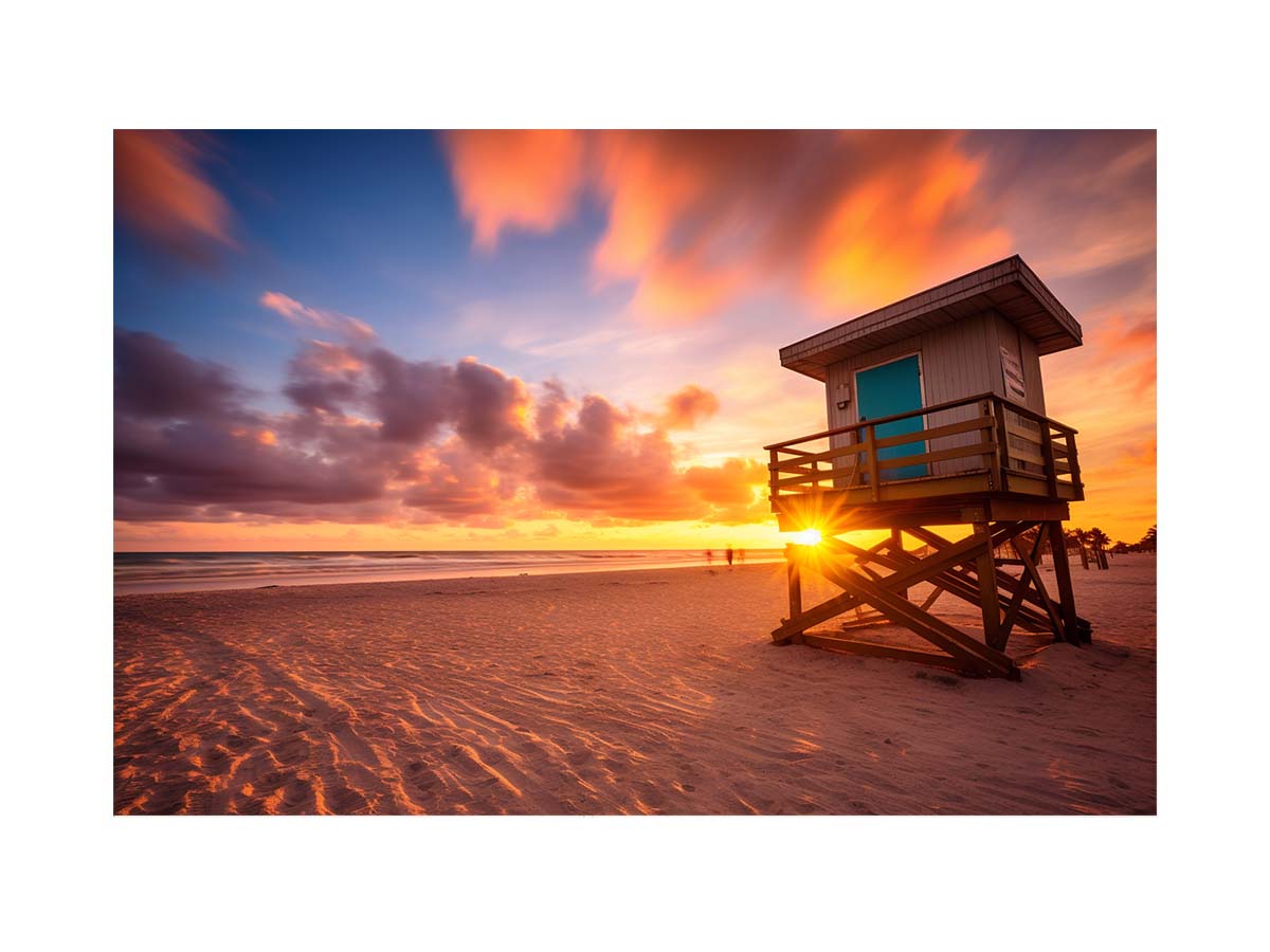 Beach sunset lifeguard wall art with warm sky for coastal bedroom decor.