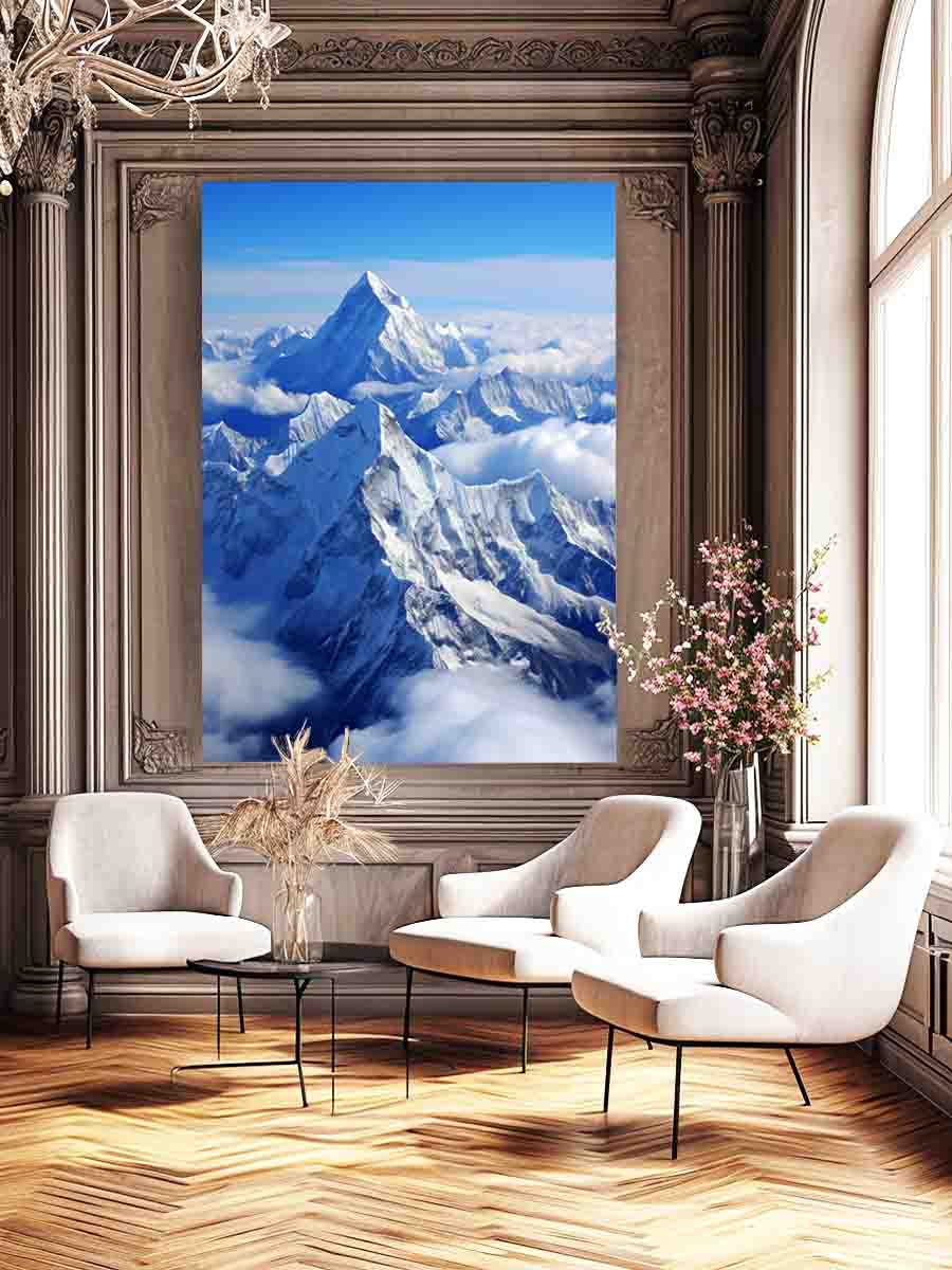 Snow mountain canvas art with blue sky for modern living room decor.