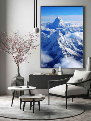 Snow mountain canvas art with blue sky for modern living room decor.