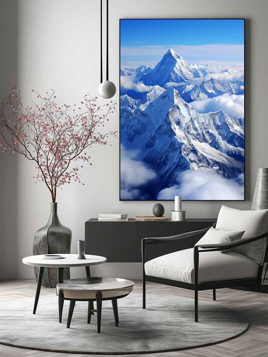 Snow mountain canvas art with blue sky for modern living room decor.