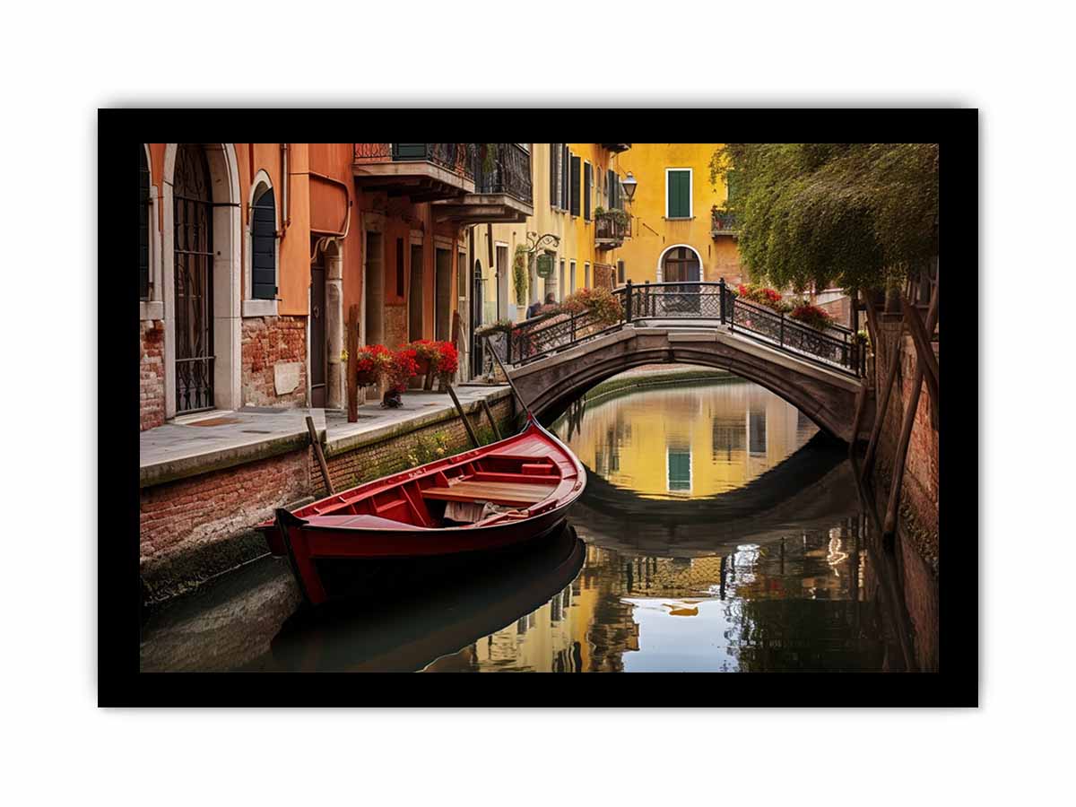 Venice canal wall art with red boat and bridge for elegant living room decor.