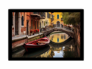 Venice canal wall art with red boat and bridge for elegant living room decor.