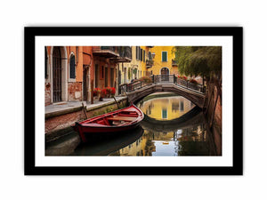 Venice canal wall art with red boat and bridge for elegant living room decor.