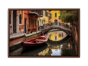 Venice canal wall art with red boat and bridge for elegant living room decor.