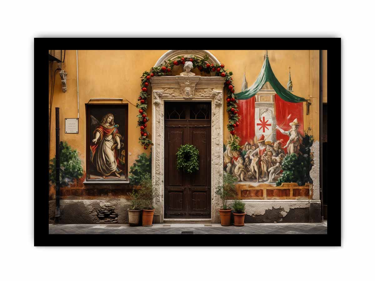 Italian village mural canvas art with warm courtyard and festive doorway.