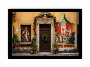 Italian village mural canvas art with warm courtyard and festive doorway.