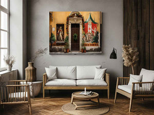 Italian village mural canvas art with warm courtyard and festive doorway.