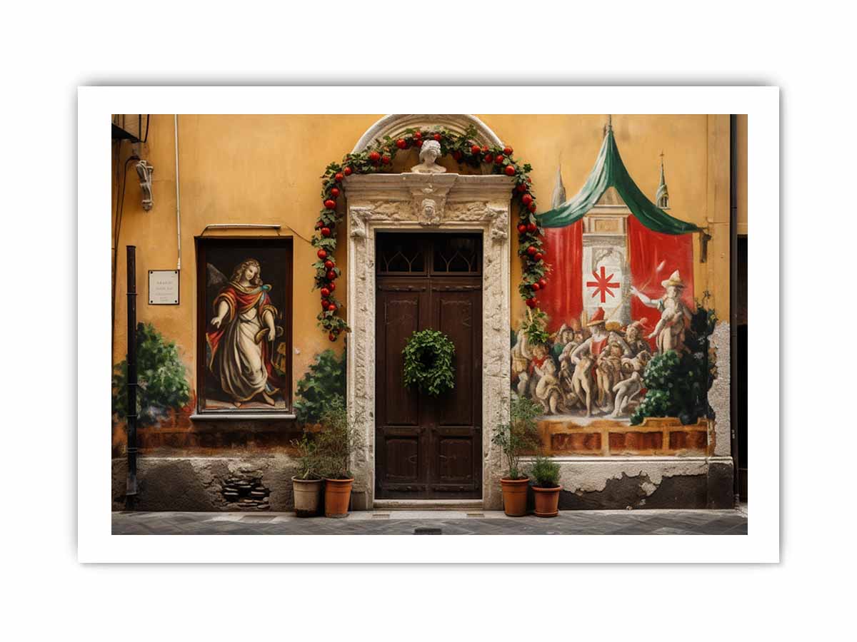 Italian village mural canvas art with warm courtyard and festive doorway.