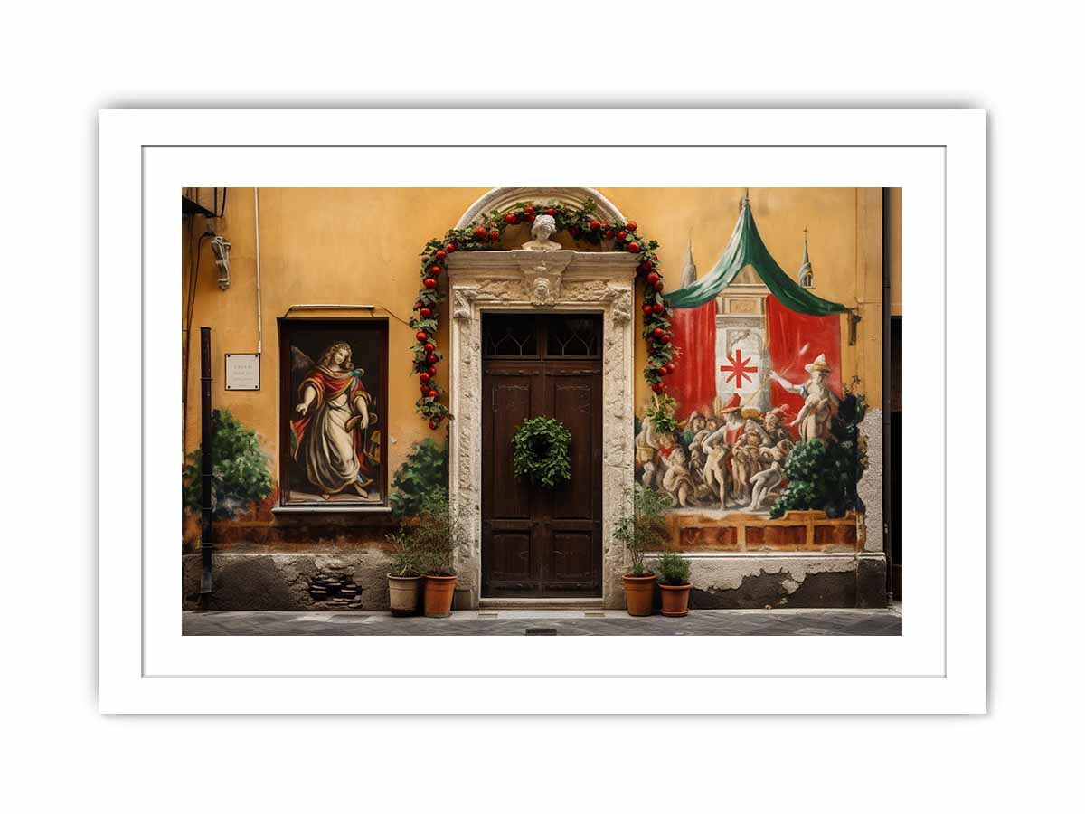 Italian village mural canvas art with warm courtyard and festive doorway.