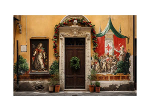 Italian village mural canvas art with warm courtyard and festive doorway.