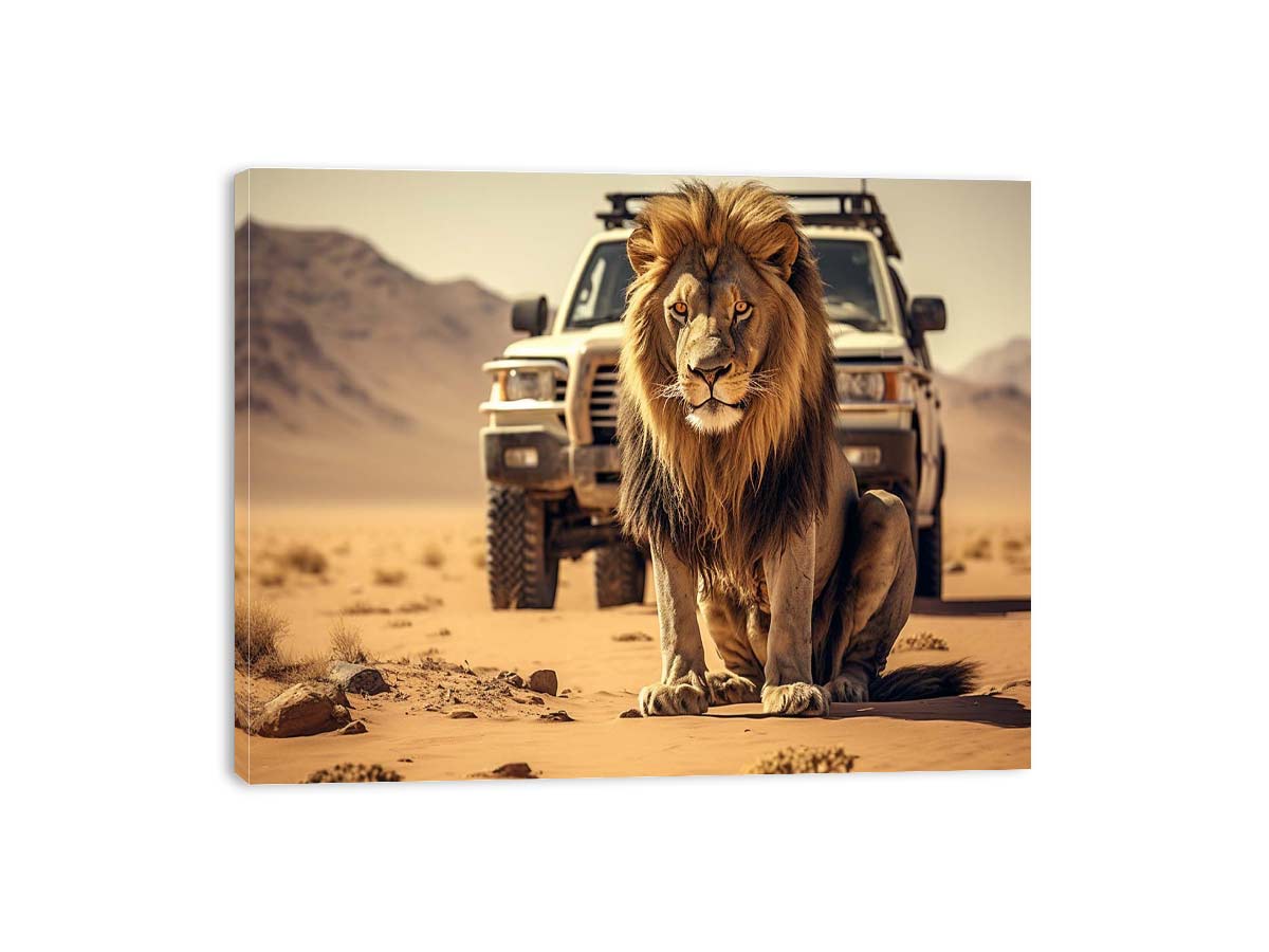 Lion desert canvas art with safari vehicle and sandy landscape for bold office or living room decor.