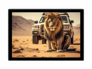 Lion desert canvas art with safari vehicle and sandy landscape for bold office or living room decor.