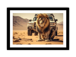 Lion desert canvas art with safari vehicle and sandy landscape for bold office or living room decor.