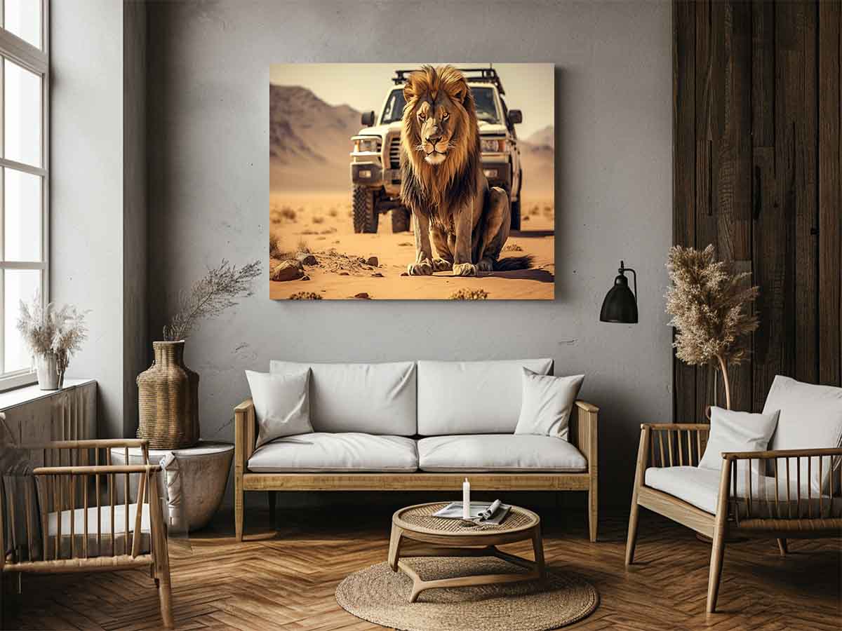 Lion desert canvas art with safari vehicle and sandy landscape for bold office or living room decor.
