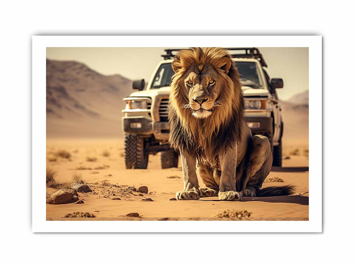 Lion desert canvas art with safari vehicle and sandy landscape for bold office or living room decor.