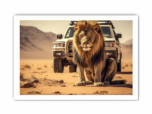 Lion desert canvas art with safari vehicle and sandy landscape for bold office or living room decor.