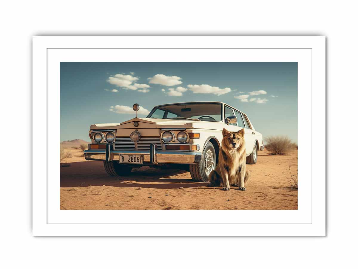 Lion desert canvas art with safari vehicle and sandy landscape for bold office or living room decor.
