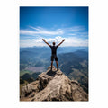 Motivational mountain poster with hiker on cliff for inspiring office, bedroom, or hallway decor.