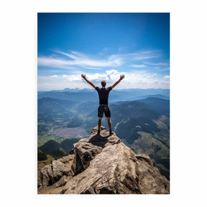 Motivational mountain poster with hiker on cliff for inspiring office, bedroom, or hallway decor.